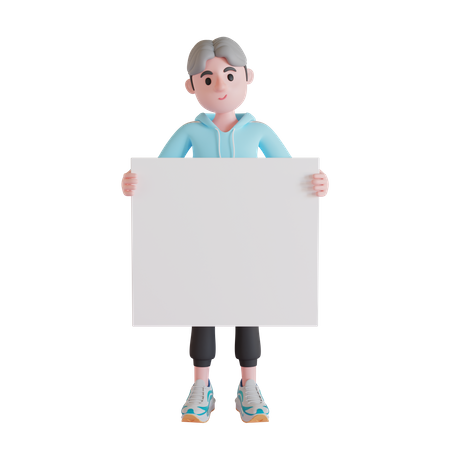 Boy holding blank placard 3D Illustration