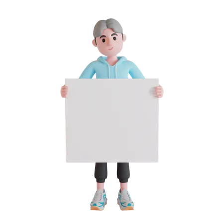 Boy holding blank placard 3D Illustration