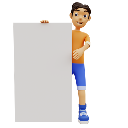 Boy Holding Blank White Board  3D Illustration