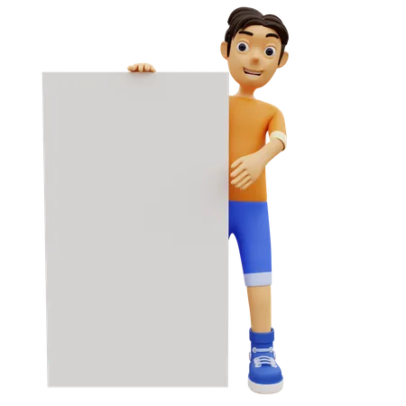 Boy Holding Blank White Board  3D Illustration