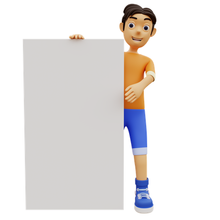 Boy Holding Blank White Board 3D Illustration