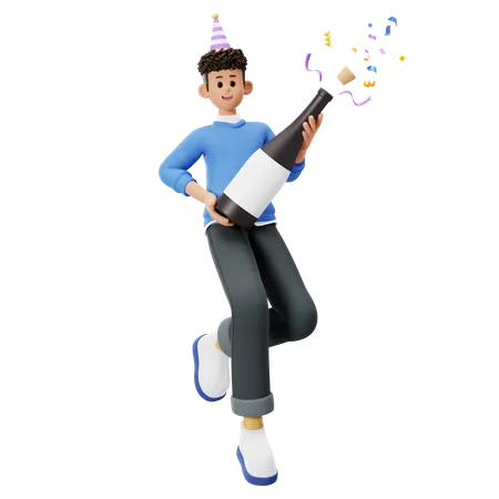 Boy holding champagne  3D Illustration