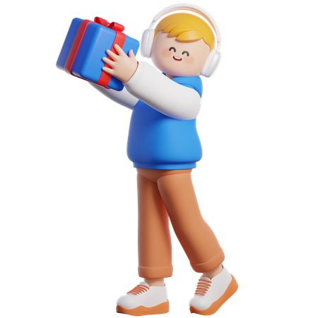 Boy Holding Christmas Gift  3D Illustration