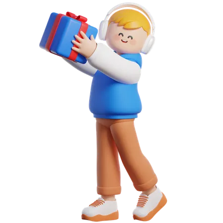 Boy Holding Christmas Gift  3D Illustration