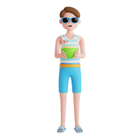 Boy holding coconut drink  3D Illustration