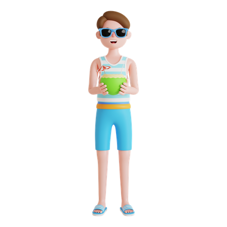 Boy holding coconut drink 3D Illustration