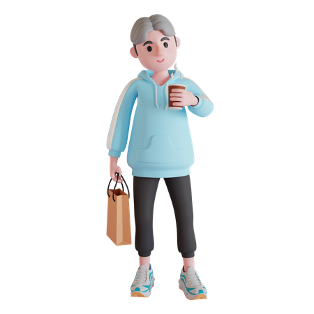 Boy holding coffee cup and shopping bag  3D Illustration