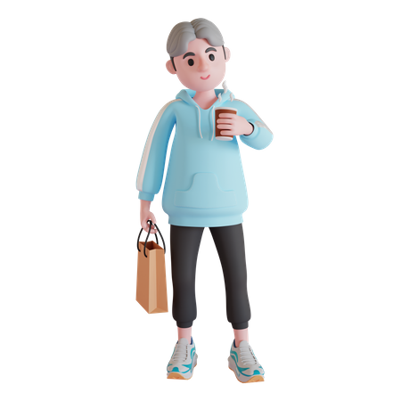 Boy holding coffee cup and shopping bag 3D Illustration