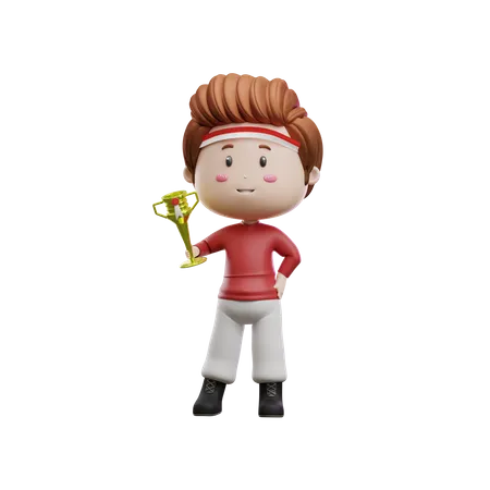 Boy Holding Competition Trophy  3D Illustration