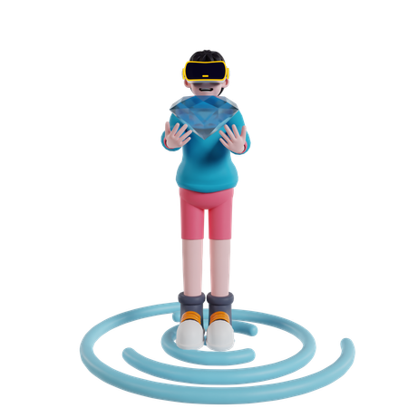 Boy holding diamond in virtual world using VR technology  3D Illustration