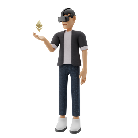 Boy holding Ethereum using VR tech  3D Illustration