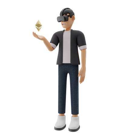 Boy holding Ethereum using VR tech 3D Illustration