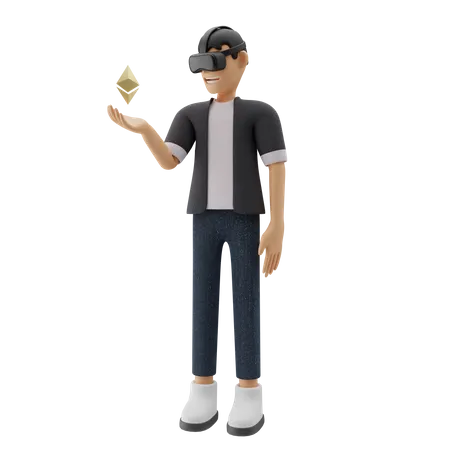 Boy holding Ethereum using VR tech  3D Illustration