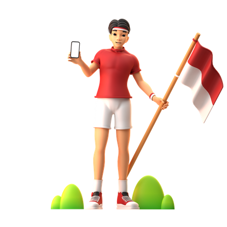 Boy Holding Flag While Showing Mobile  3D Icon
