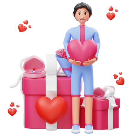 Boy holding heart in hand and celebrating valentine's day  3D Illustration