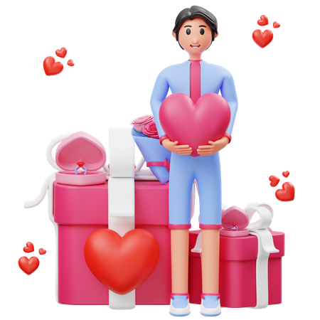 Boy holding heart in hand and celebrating valentine's day 3D Illustration