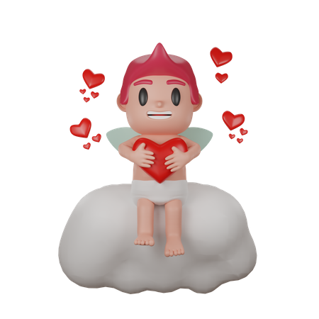 Boy holding heart while sitting on cloud 3D Illustration