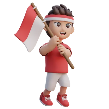 Boy Holding Indonesian Flag  3D Illustration