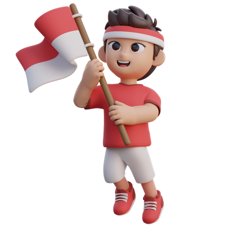 Boy Holding Indonesian Flag  3D Illustration