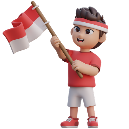 Boy Holding Indonesian Flag  3D Illustration