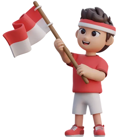 Boy Holding Indonesian Flag  3D Illustration