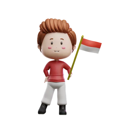 Boy Holding Indonesian Flag  3D Illustration