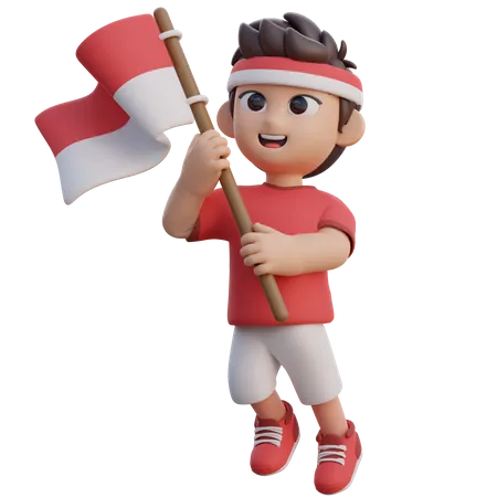 Boy Holding Indonesian Flag  3D Illustration