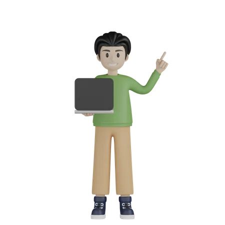 Boy holding laptop and pointing up  3D Illustration