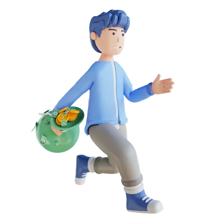 Boy holding money bag  3D Illustration