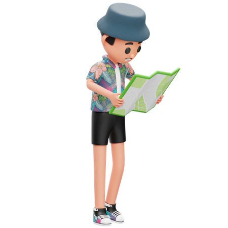 Boy holding paper map and looking map  3D Illustration