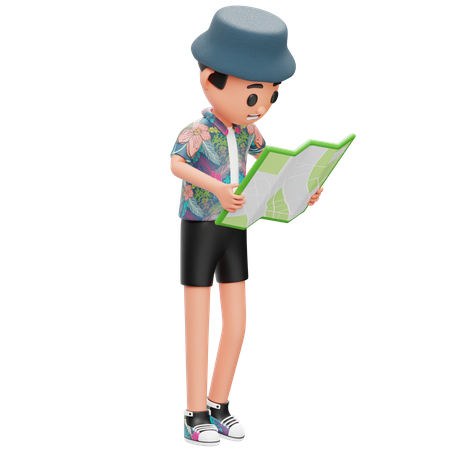 Boy holding paper map and looking map  3D Illustration