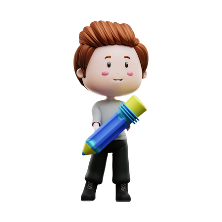 Boy holding pencil  3D Illustration