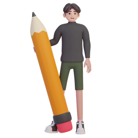 Boy holding pencil  3D Illustration