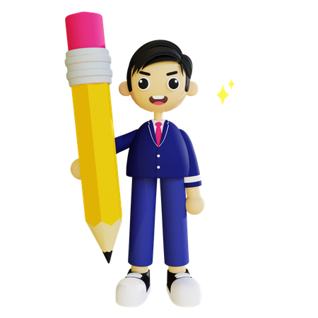 Boy holding pencil  3D Illustration