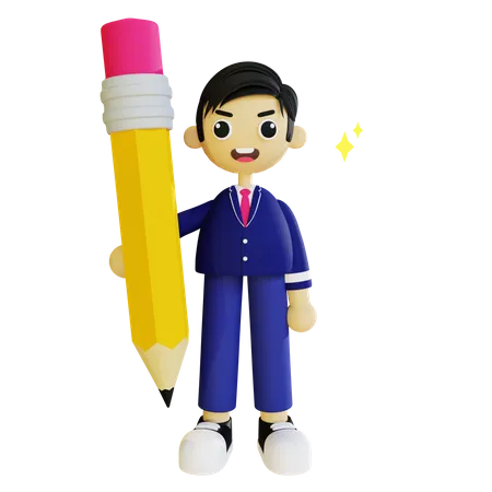 Boy holding pencil  3D Illustration