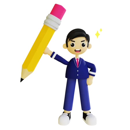 Boy holding pencil 3D Illustration