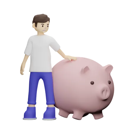 Boy holding Piggy Bank  3D Illustration