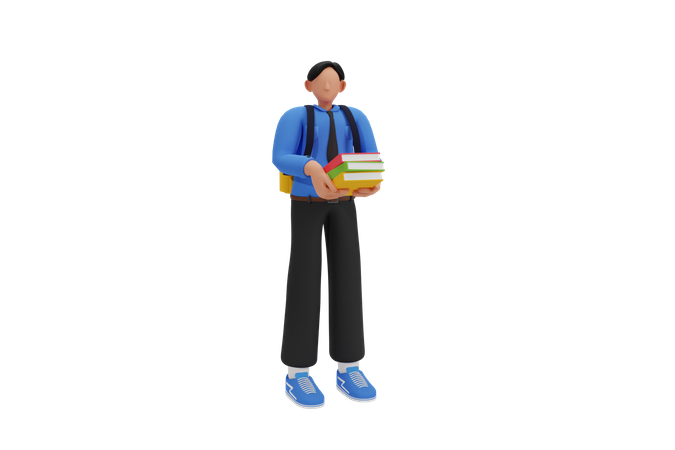 Boy holding pile of books 3D Illustration
