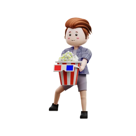 Boy Holding Popcorn Box  3D Illustration