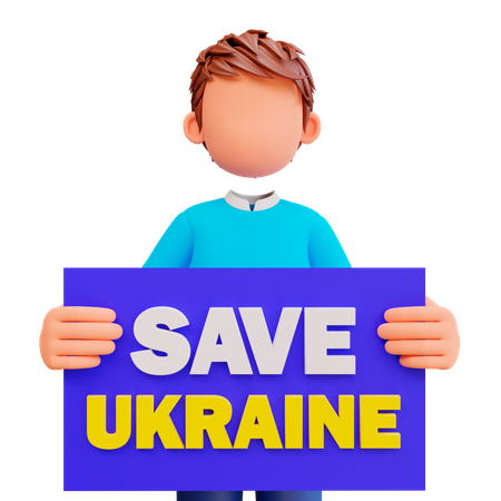 Boy holding save Ukraine poster  3D Illustration