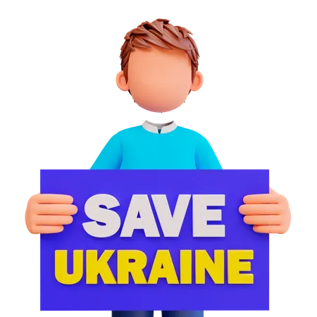 Boy holding save Ukraine poster  3D Illustration