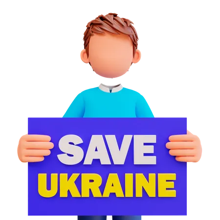 Cute Boy Holding Poster Save Ukraine 3D Illustration