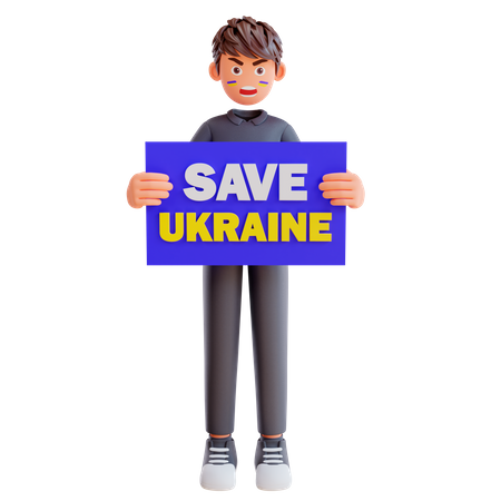 Boy holding save Ukraine poster 3D Illustration