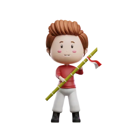 Boy Holding Sharpened Bamboo  3D Illustration