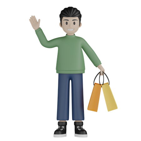 Boy holding shopping bags and say hi  3D Illustration