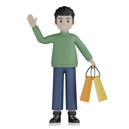 Boy holding shopping bags and say hi 3D Illustration