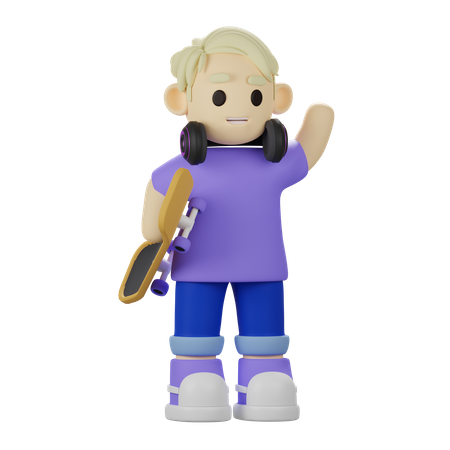 Boy holding skateboard 3D Icon