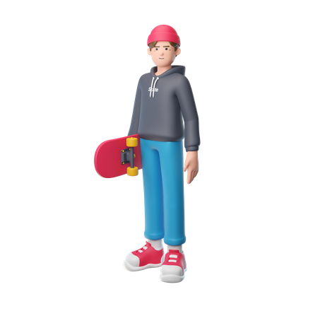 Boy Holding Skateboard  3D Illustration