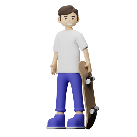 Boy Holding Skateboard  3D Illustration