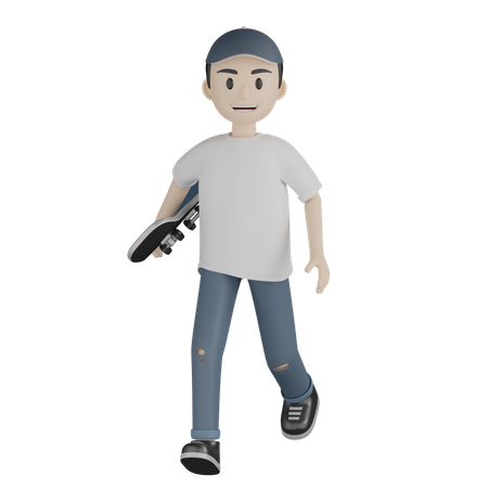 Boy Holding Skateboard  3D Illustration